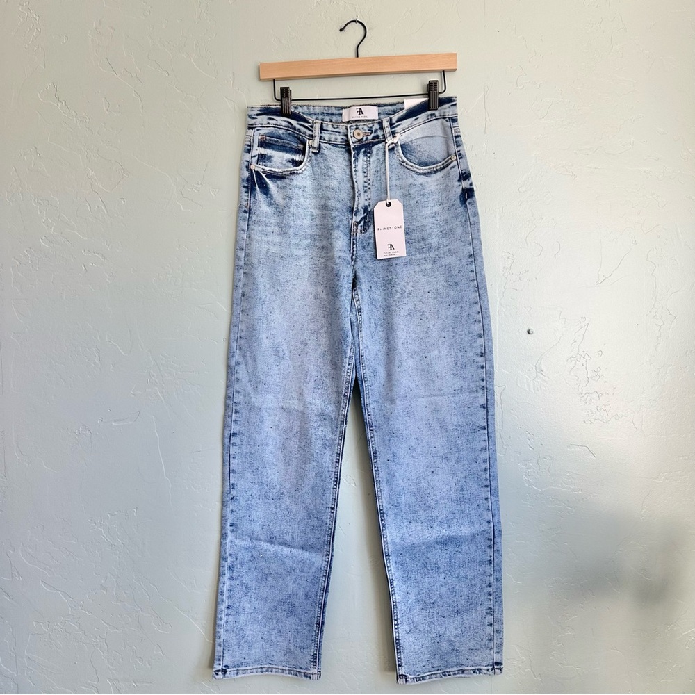 NWT Flying Angel Women Rhinestone Bling Straight Leg Acid Wash Jeans Size 28